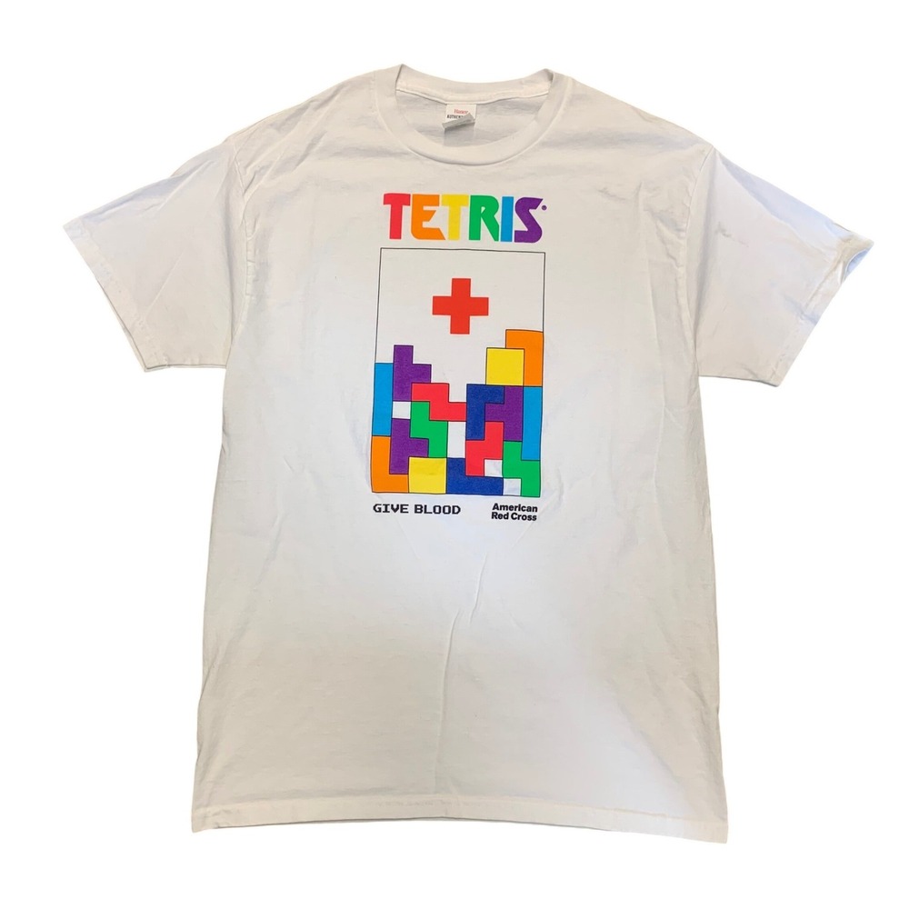 Hanes Tetris American Red Cross Give Blood Graphic T-Shirt White Mens Medium
